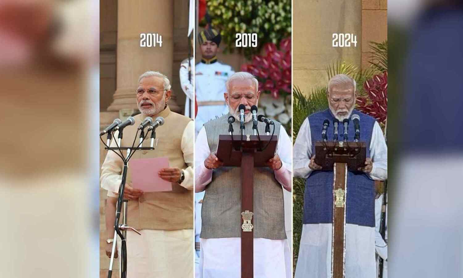 Prime Minister Narendra Modi as seen in three... ... Modi 3.0 new Cabinet HIGHLIGHTS: Narendra Modi takes oath as PM for third time, 72 ministers sworn in